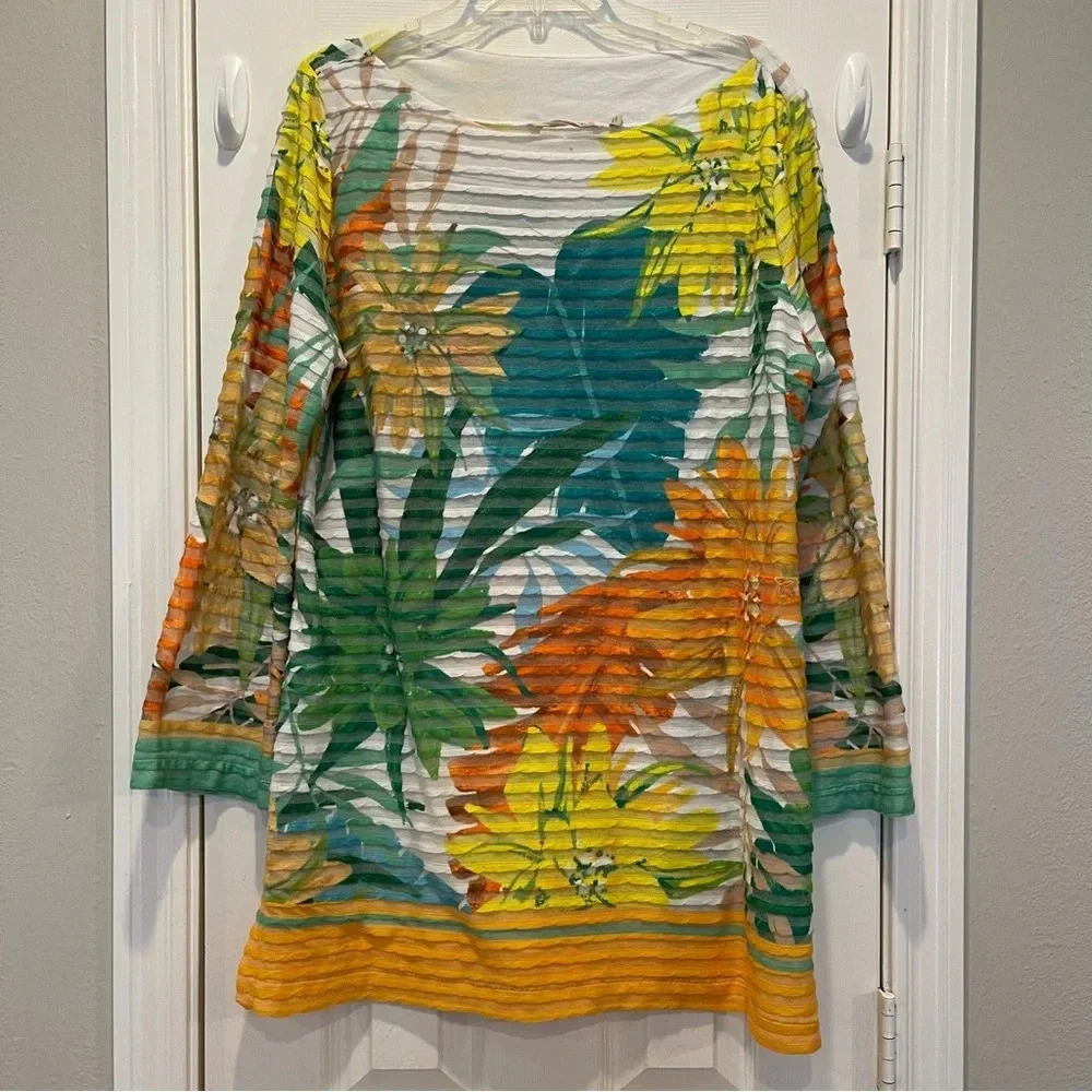 Soft Surroundings Top Womens XL Yellow Green Floral Tunic Tropical Textured